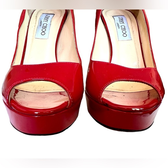 Jimmy Choo London Red Patent Leather Peep Toe Pumps 5” Spike Heels Size 38.5 EU - Picture 3 of 11